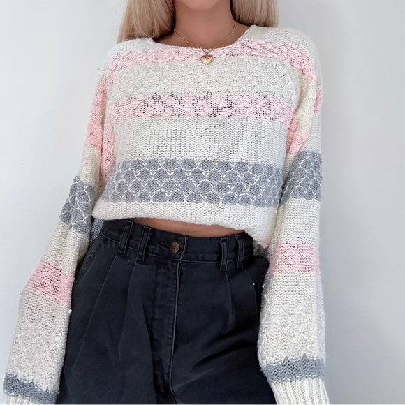 Vintage 80s granny patel colours pearl decorated sweater - Picture 2 of 7